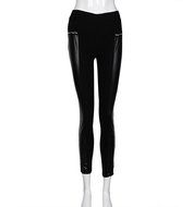 PHOTNO Women Leather Look Panel Leggings Jeggings Zip Stretch Trousers Black N2