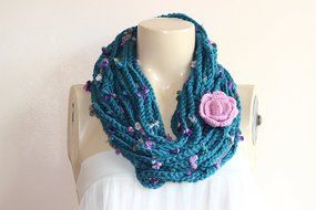 Teal Infinity Scarf-crochet Infinity Scarf -Chain Crochet Scarf with Pink Rose Pin N3