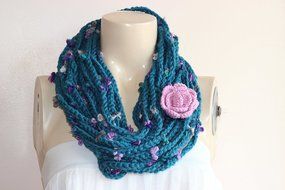 Teal Infinity Scarf-crochet Infinity Scarf -Chain Crochet Scarf with Pink Rose Pin N4