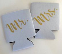 Mr and Mrs Can Coolers, White &amp; Gold Can Insulators, Couples Gifts Set