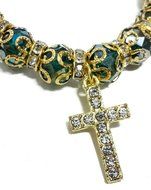 Gold Green Crystals Beads Hand Bracelet Zircons Stones With Cross Holy Land