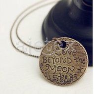 1pcs Antique Brass Round "Love Beyond Moon Stars" Letters Sweater Necklace 76cm