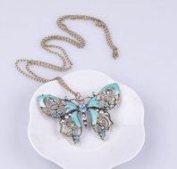 Retro Hollow Rhinestone Crystal Butterfly Sweater long chain pendant Necklace N3