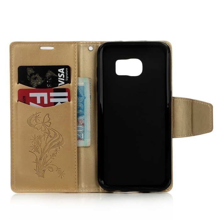 (Not for S7) S7 Edge Case,Galaxy S7 Edge Case - Badalink Embossed Butterflies Wallet Flip Cover with Bling Diamonds... N19