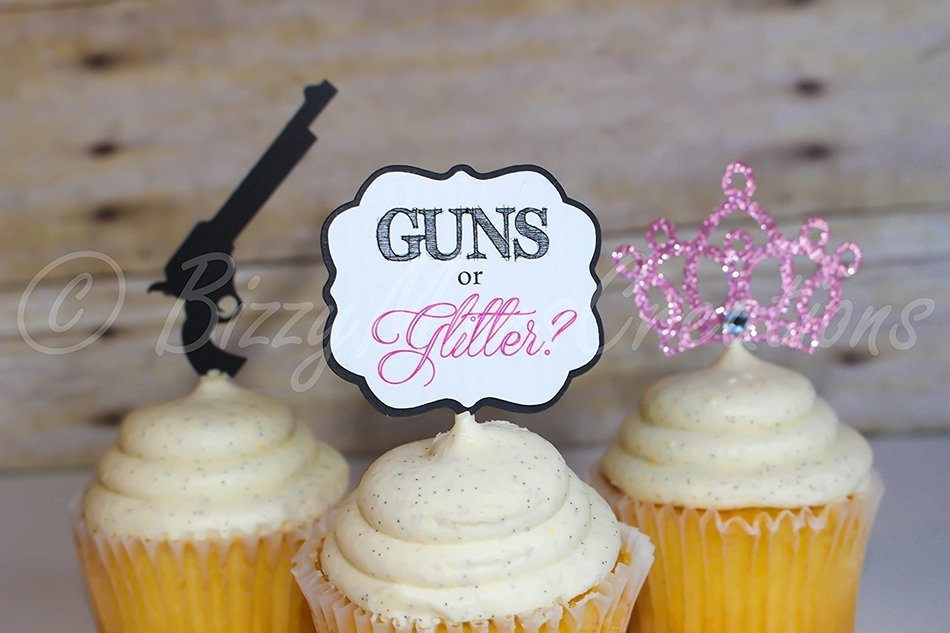 12 GUNS OR GLITTER - Gender reveal baby shower Cupcake Toppers (12 toppers) N2