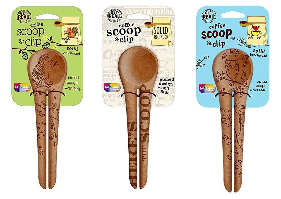 Talisman Designs Get Real Solid Beechwood Coffee Scoop and Clip, Styles Vary, 2-Pack