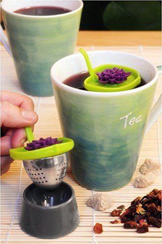 Fackelmann 49115 2x2, 8" Tea Ball "Lotus" With Cup, Green/Pink/Grey N2