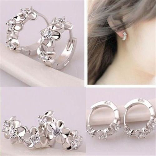 New Fashion Women Silver Plated Flower Crystal Rhinestone Stud Hoop Earrings