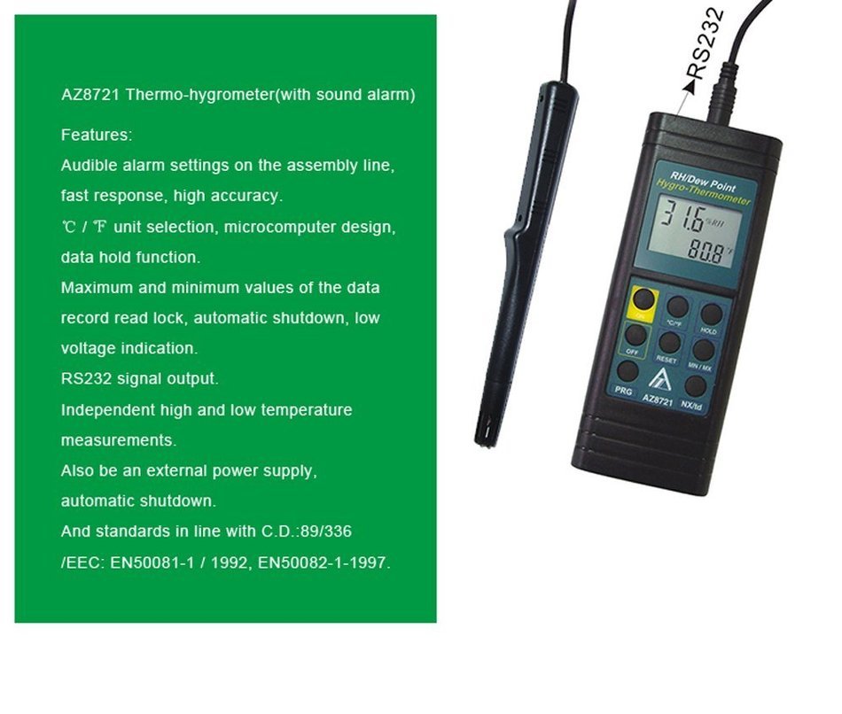 AZ 8721 Portable Precision Split Type Industrial Testing Probe LCD Digital Thermometer Hygrometer with Alarm N3