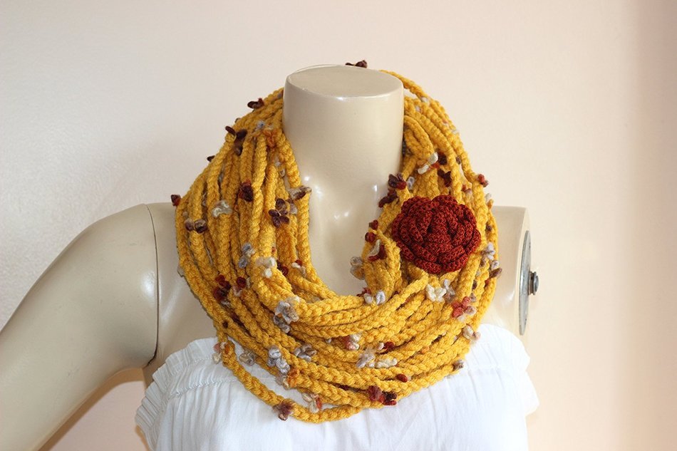 Mustard Infinity Scarf-crochet Infinity Scarf -Chain Crochet Scarf with Rose Brooch