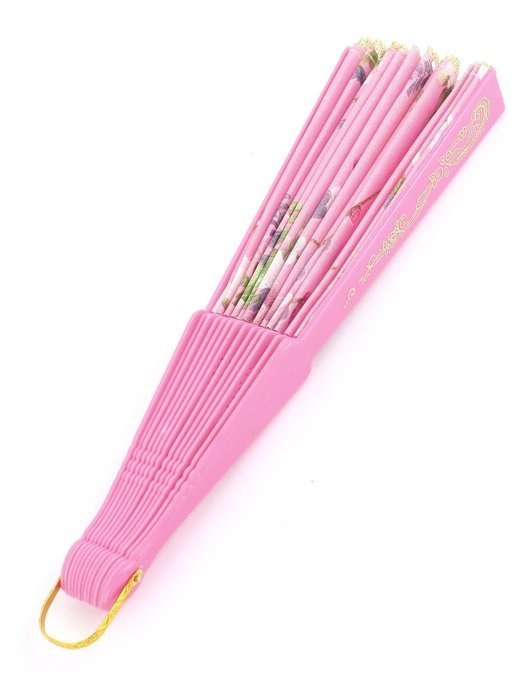 Plastic Frame Flower Pattern Polyester Handheld Folding Fan Pink