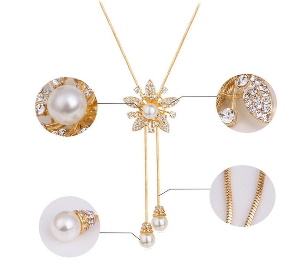 E.a@market Fashion Pearl Flower Long Necklace Pendant Sweater Chain for Women