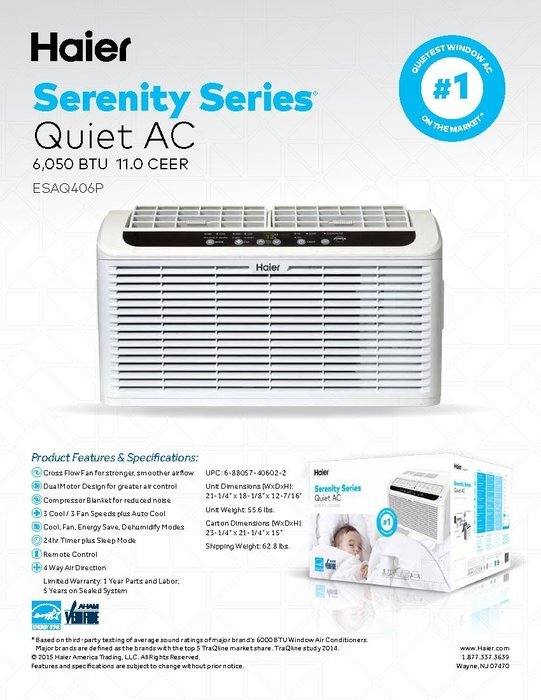 Haier ESAQ406P Serenity Series 6050 BTU 115V Window Air Conditioner with LED Remote Control N11