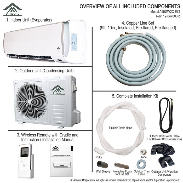Amvent 18000 BTU 1.5 Ton Ductless Wall Mount Mini Split Room Air Conditioner AC Conditioning Cooling System Unit N4