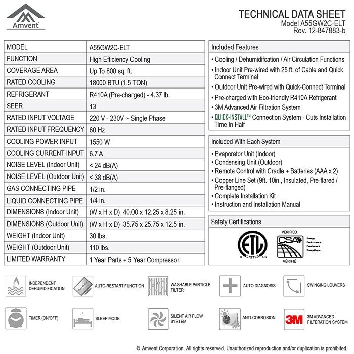 Amvent 18000 BTU 1.5 Ton Ductless Wall Mount Mini Split Room Air Conditioner AC Conditioning Cooling System Unit N5