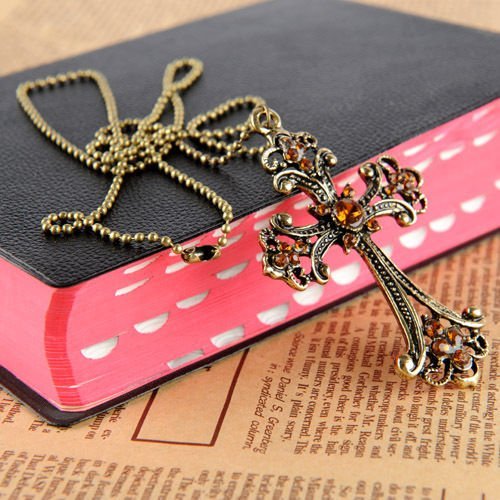 Vintage Bronze Cross Champagne Rhinestone Carved Flower Pendant Necklace N3