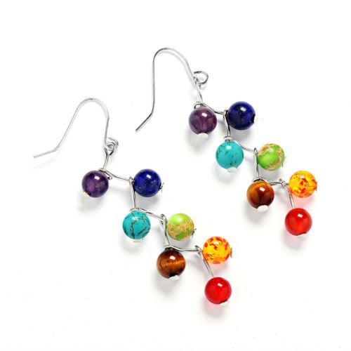6mm Round Beads Natural Stone Rainbow 7 Beads Drop Earrings Yoga Healing Stone N2
