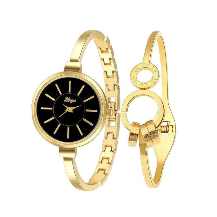 AutumnFall Women's Swarovski Crystal Accented Gold-Tone and Black Bangle Watch with Bracelet Set (609GB) N18