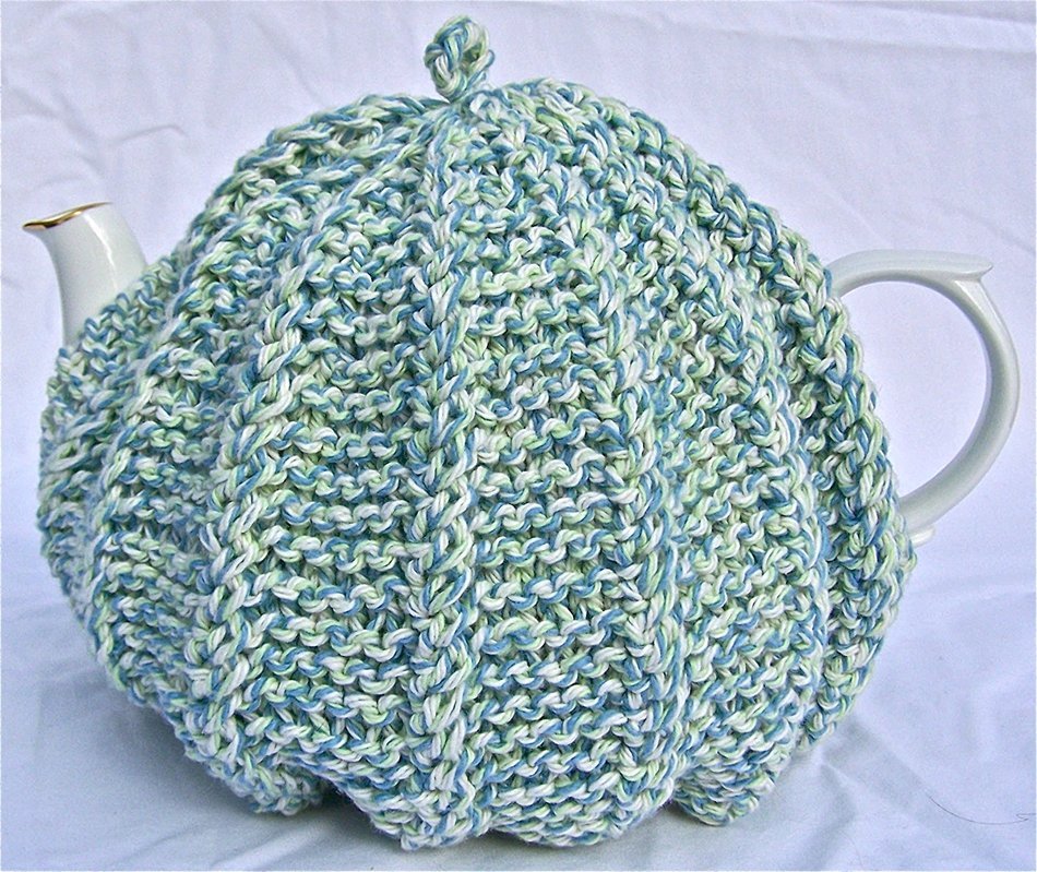 Knit Tea Cozy Cosy Handmade Washable Blue and Green