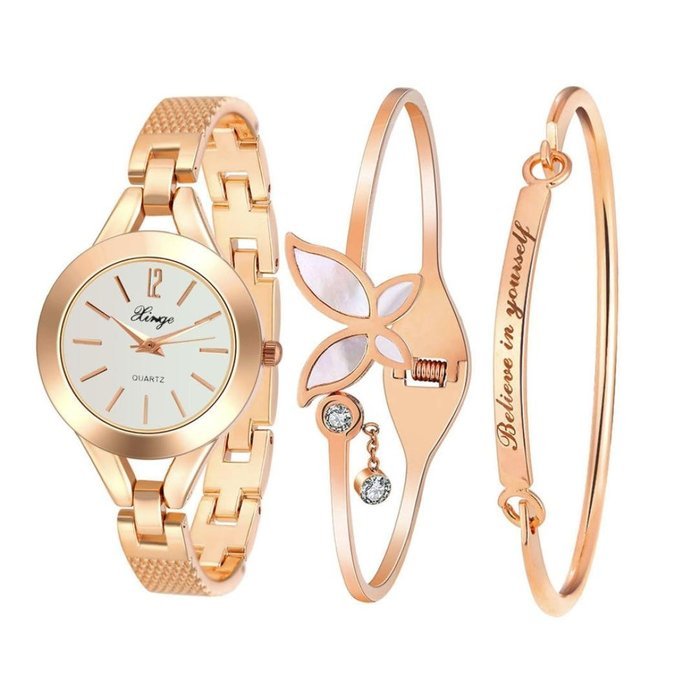AutumnFall Women's Swarovski Crystal Accented Gold-Tone and Black Bangle Watch with Bracelet Set (609GB) N21