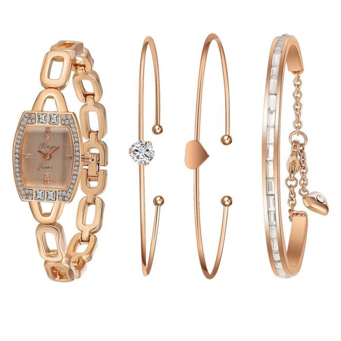 AutumnFall Women's Swarovski Crystal Accented Gold-Tone and Black Bangle Watch with Bracelet Set (609GB) N24