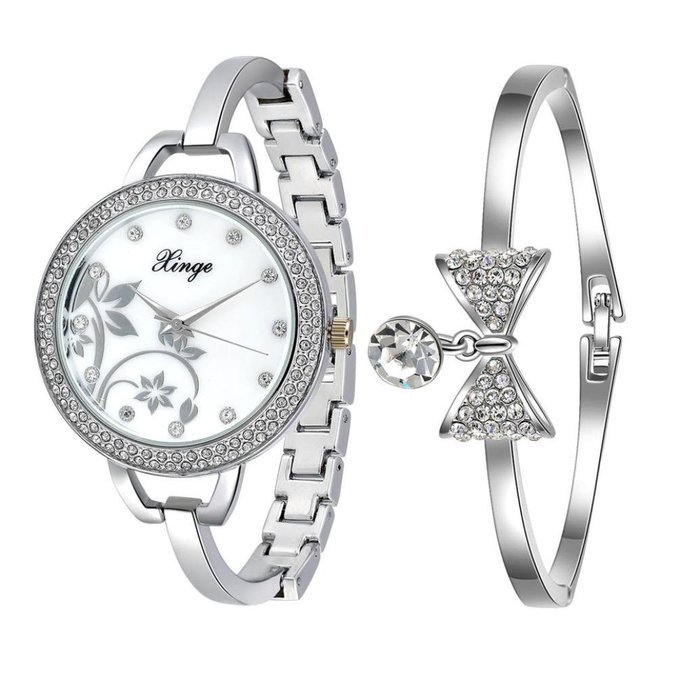 AutumnFall Women's Swarovski Crystal Accented Gold-Tone and Black Bangle Watch with Bracelet Set (609GB) N29