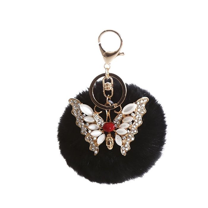 AutumnFall&reg; Rabbit Fur Ball Rhinestone Butterfly Keychain Bag Plush Key Ring Car Key Pendant (Hot Pink) N13