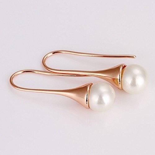 Women Simple 18K Rose Gold Filled Charm Pearl Dangle Drop Evening Prom Earrings N4