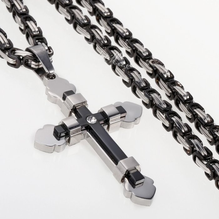 5mm Mens Chain Black Silver Byzantine Box Stainless Steel Cross Pendant Necklace N2
