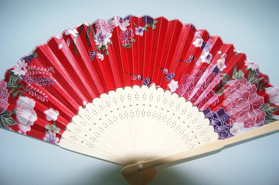Traditional Chinese Folding Fan: Red Floral Pattern