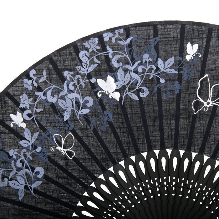 Linen Butterfly Flowers Hand Fan Lacquer Handle Folding Fan Black N7
