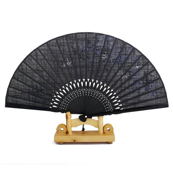 Linen Butterfly Flowers Hand Fan Lacquer Handle Folding Fan Black N8
