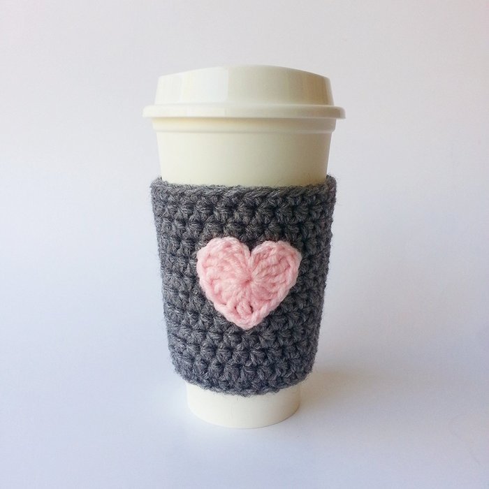 Coffee Cozy Grey with Pink Heart Applique Fits 12 to 20 Ounce Cup