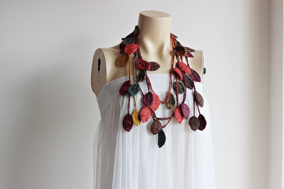 Leaves Necklace-Multicolor Crochet Necklace-Multicolor Lariat Scarf-Mohair Crochet Scarf with Gold Glitter- Autumn... N4