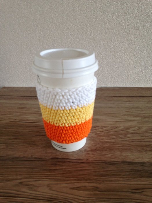 Crochet cup cozy, coffee cup sleeve, reusable coffee sleeve, coffee cup cozy in candy corn colors, orange, yellow... N2