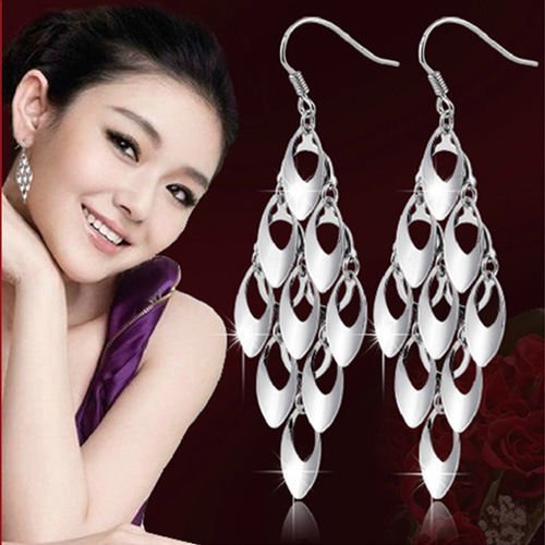 Womens 925 Sterling Silver long Peacock Tail Drop/Dangle Ear Stud Hook Earrings N2