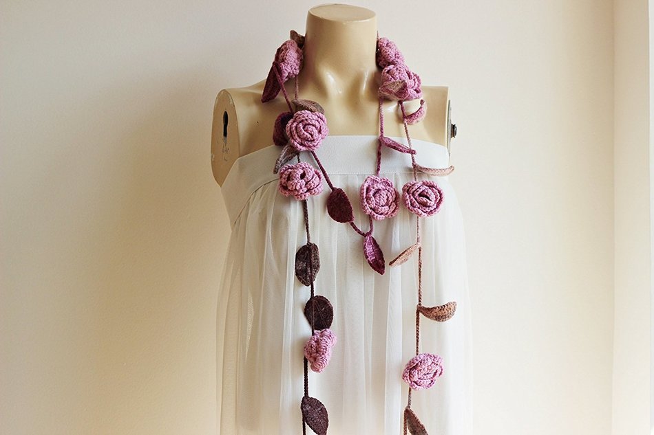Pink Rose Scarf-Pastel Rose Scarf-Rose Crochet Scarf-Pink Lariat Necklace with Brown Leaves-Christmas Gift For... N2