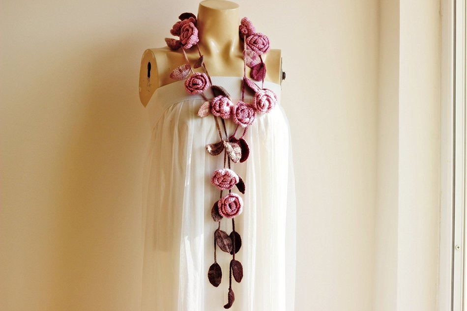 Pink Rose Scarf-Pastel Rose Scarf-Rose Crochet Scarf-Pink Lariat Necklace with Brown Leaves-Christmas Gift For... N4