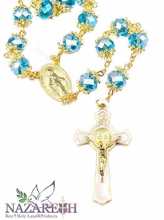 High Quality St. Benedict Gold Plated with Light Blue Crystal Miraculous Rosary N2