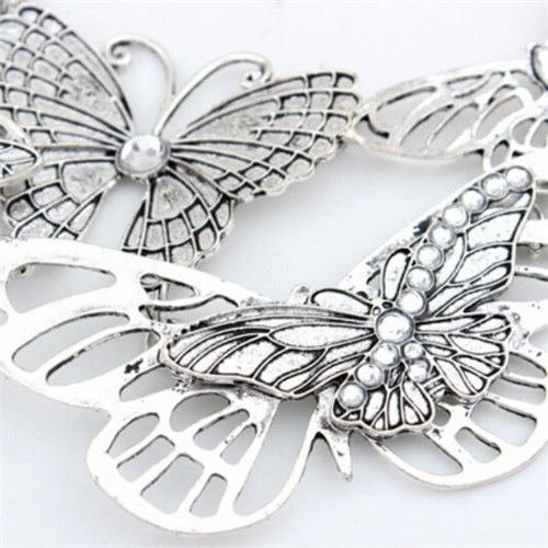 Women's Vintage Butterfly Antique Silver Fashion Statement Choker Chain Necklace N4