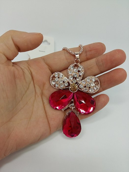 QTMY diamond White and Red crystal flower Statement Choker Long Necklace Chain Jewelry with Pendant for Women... N5