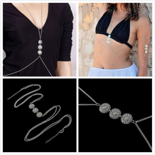 Silver Sexy Women Crossover Body Belly Waist Chain Bikini Beach Harness Necklace