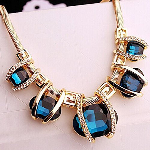 Fashion Women Crystal Pendant Chain Choker Chunky Statement Bib Blue Necklace N2