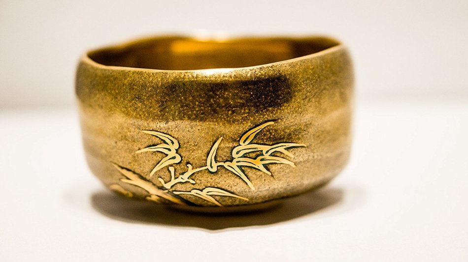 Matcha bowl chawan Kutaniyaki gilded with gold leaf Artist Artwork Hasegawa Suikou N2