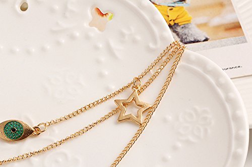 QTMY Gold Leaves Eye Feather Cross Star 3 layers Multilayer Necklace N4