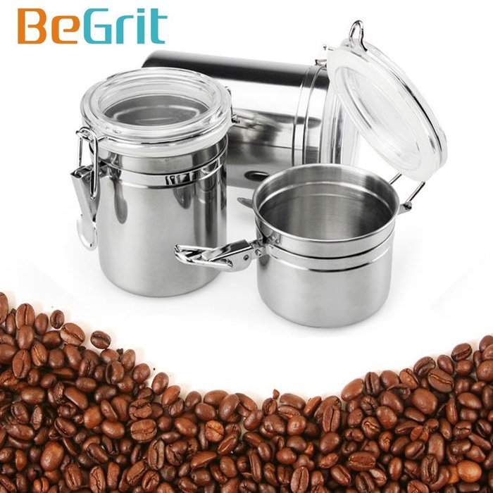 Coffee Tea Storage Canister - BeGrit 4 Piece Stainless Steel Clamp Jars Set with Clear Lid N2