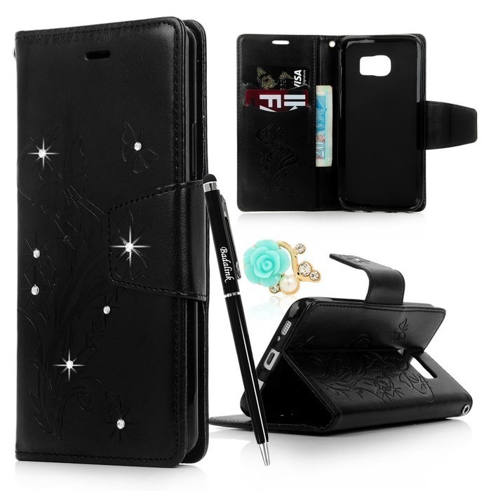 (Not for S7) S7 Edge Case,Galaxy S7 Edge Case - Badalink Embossed Butterflies Wallet Flip Cover with Bling Diamonds... N28