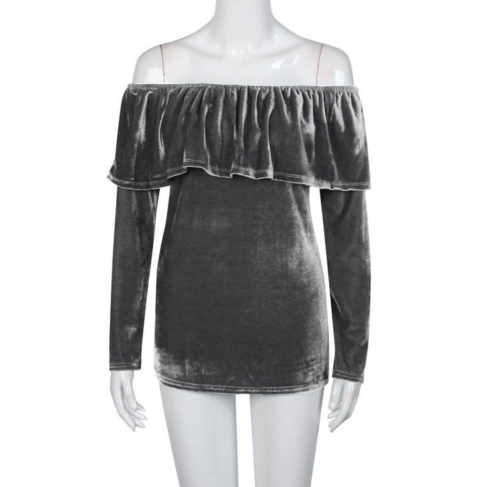 Women's Blouse,Laimeng Winter Velvet Long Sleeve Off Shoulder Flared Casual Tops Blouse (M, Gray)