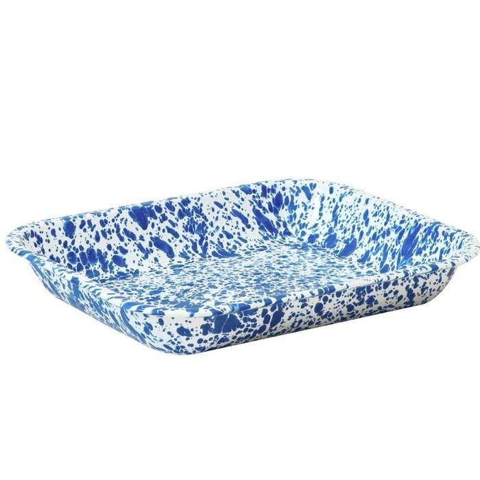 Enamelware Large Roasting Pan - Solid White with Blue Rim