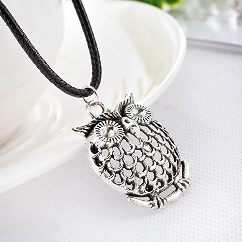 1PC Men's Women's Owl Silver Tone Pendant Necklaces Black Wax Rope Chain N2
